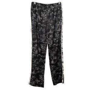 NWOT JUDITH & CHARLES BLACK WHITE SATIN BOTANICAL SIDE STRIPE DRAWSTRING PANTS
